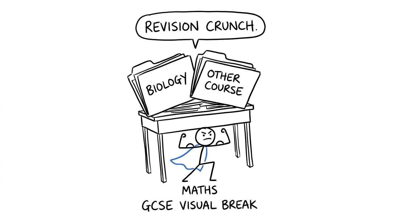 Two revision folders attempt to share a tiny desk supported by maths