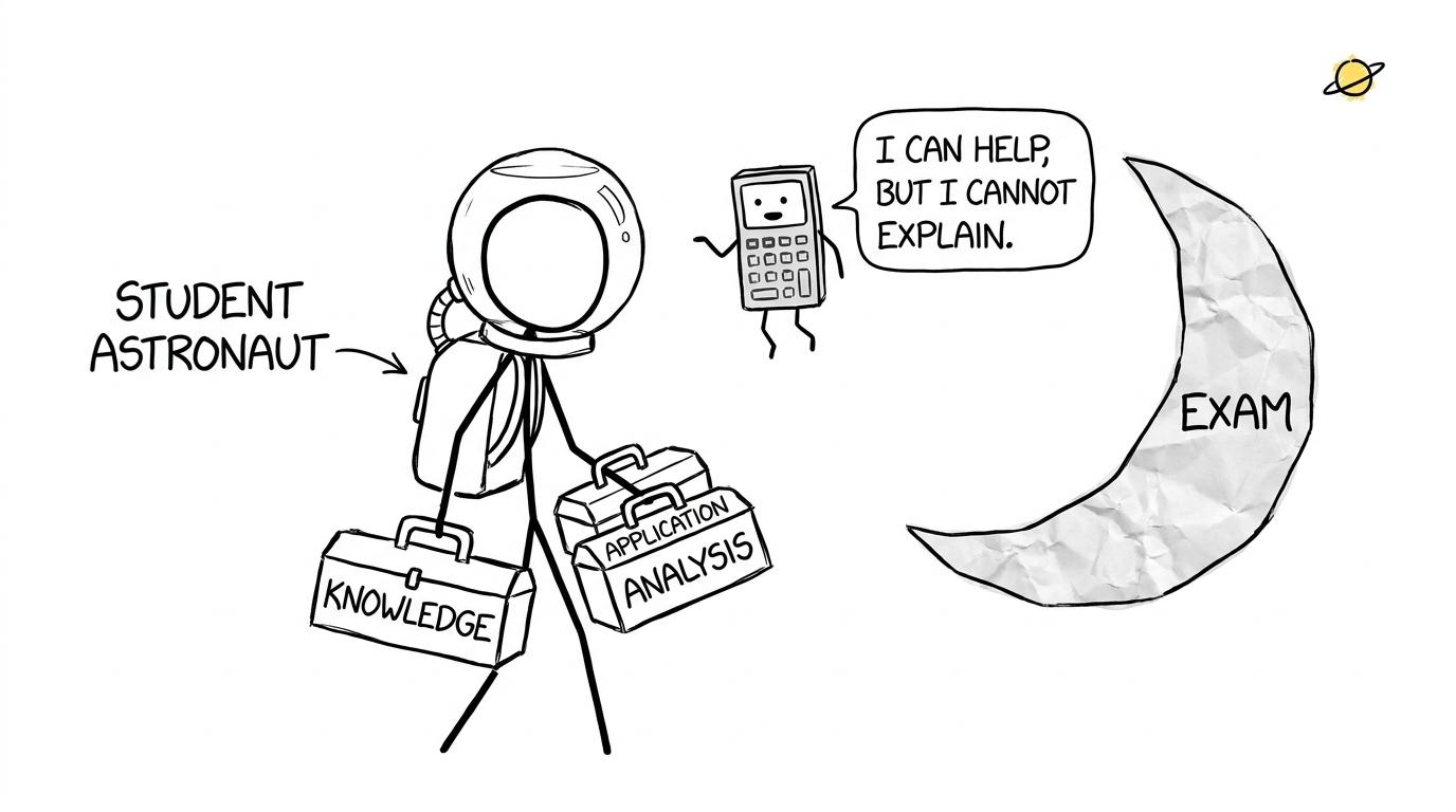 A student astronaut carrying knowledge, application and analysis towards an exam-paper moon