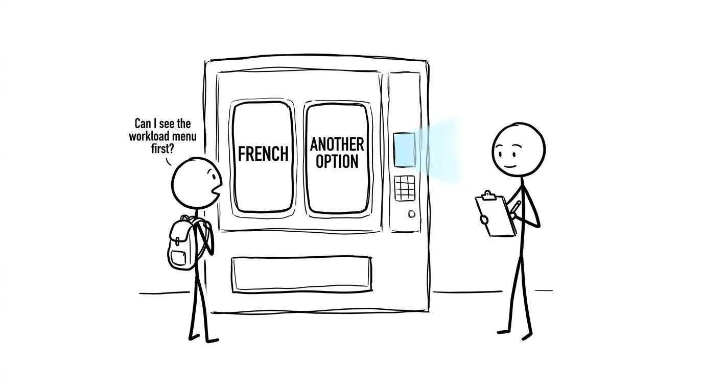 A student asks for the workload menu before choosing French