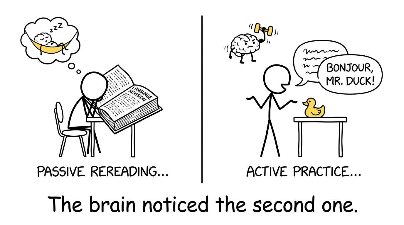 One brain sleeps through rereading while another trains through active practice