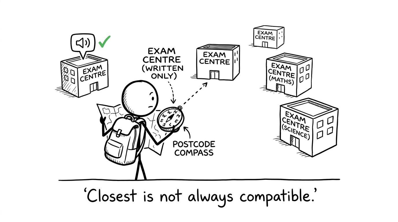 A postcode compass searches for a centre that can conduct the speaking exam
