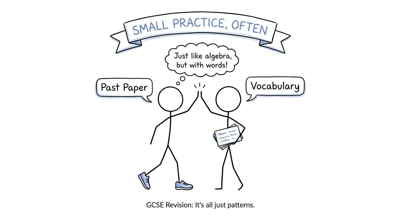 Past papers and vocabulary flashcards celebrating small, regular practice