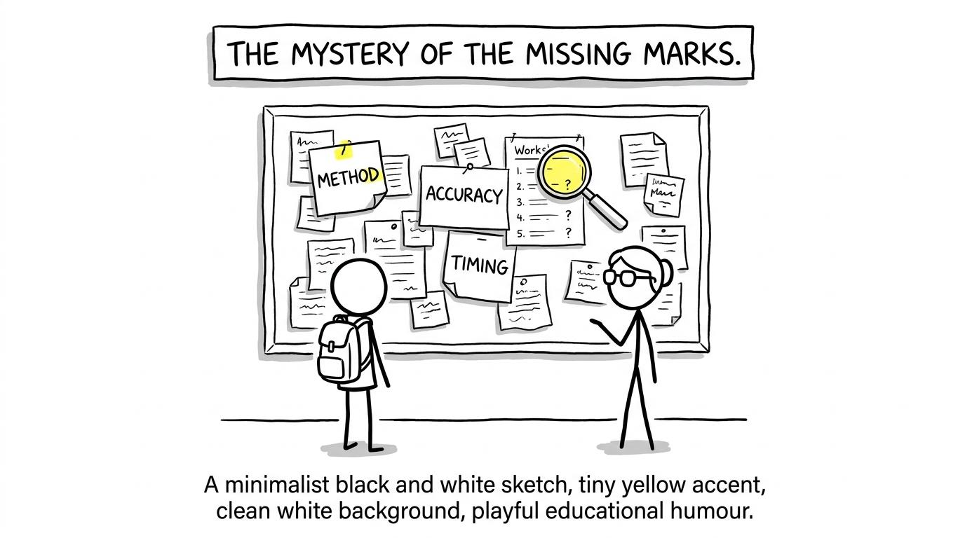 A student and teacher investigate missing marks using an error log as a detective evidence board