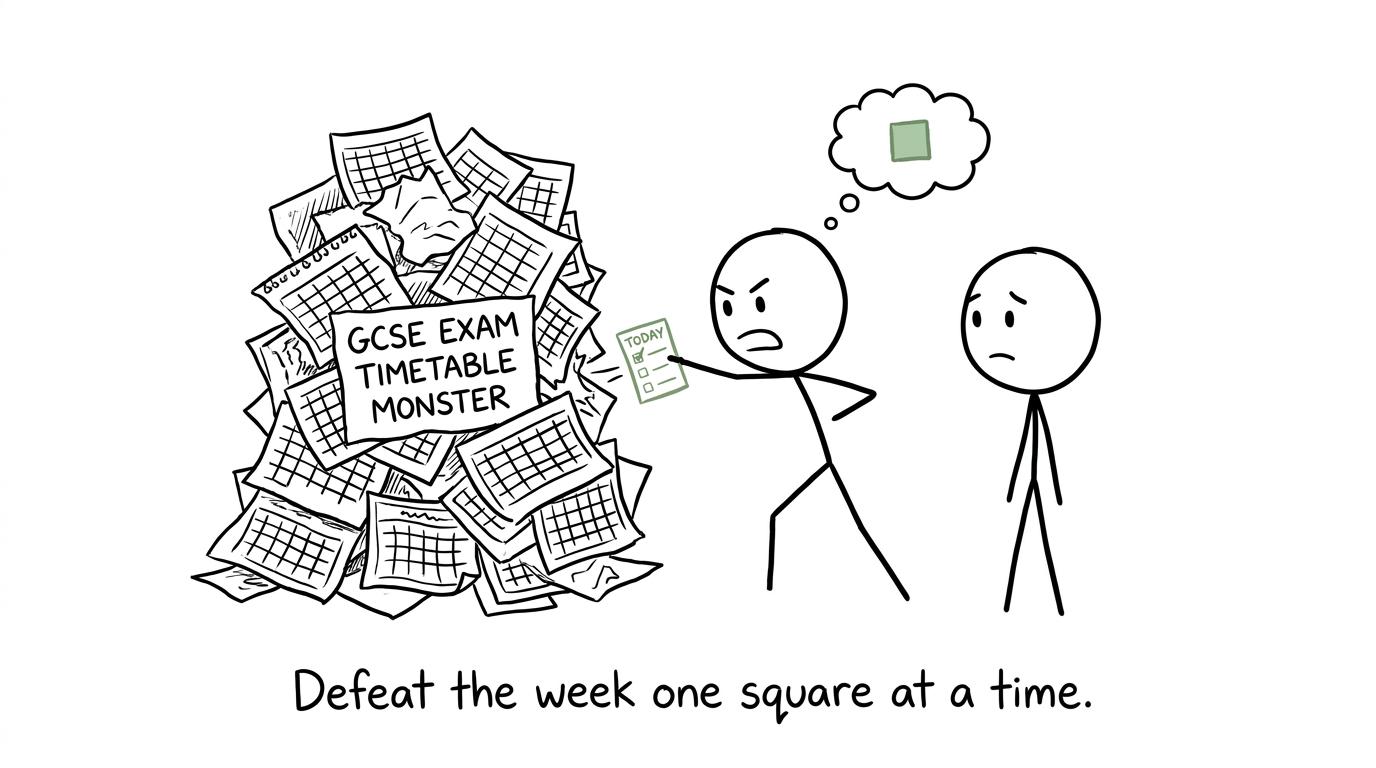 Students confronting an exam timetable monster with a tiny daily checklist