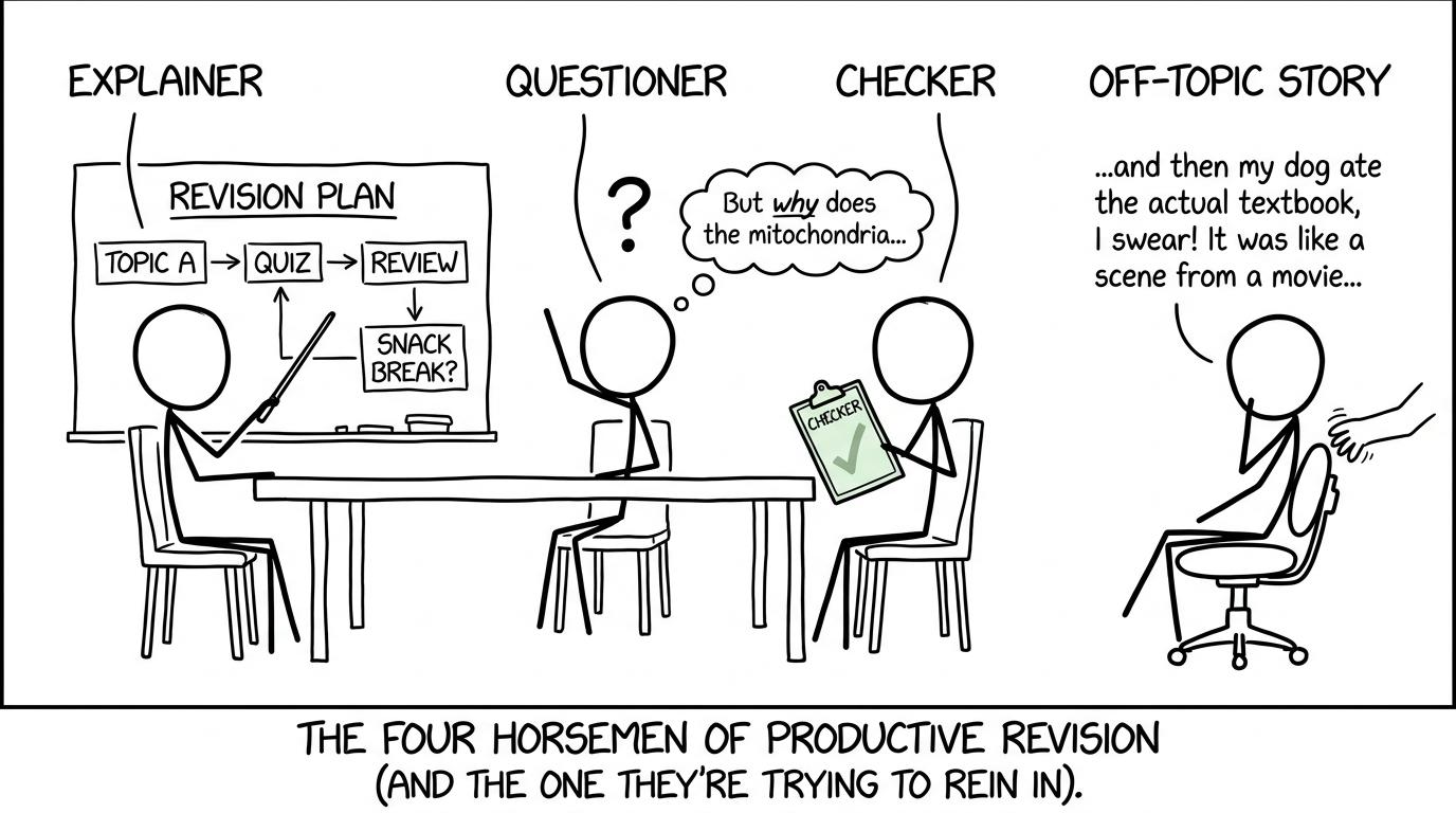 A structured revision group sends an off-topic story away on an office chair