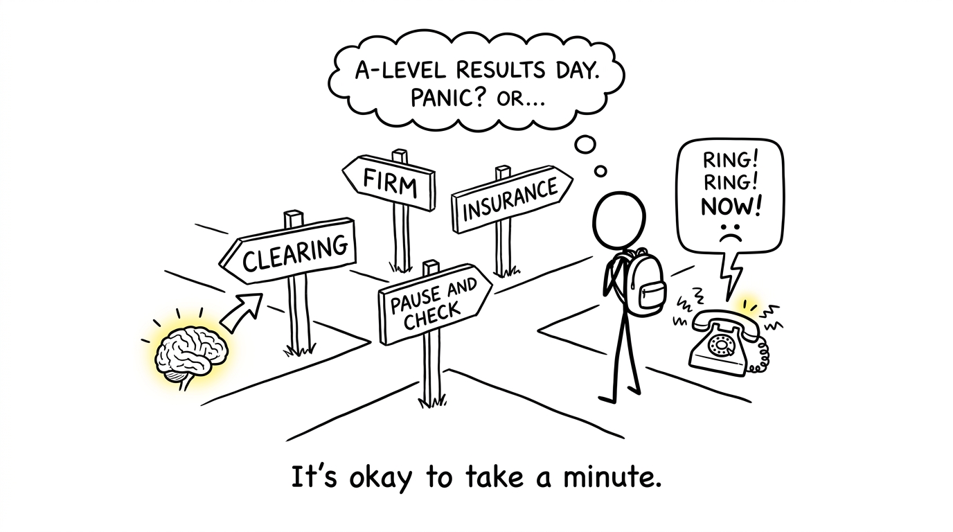 A student considers Firm, Insurance and Clearing while a tiny brain points towards Pause and Check