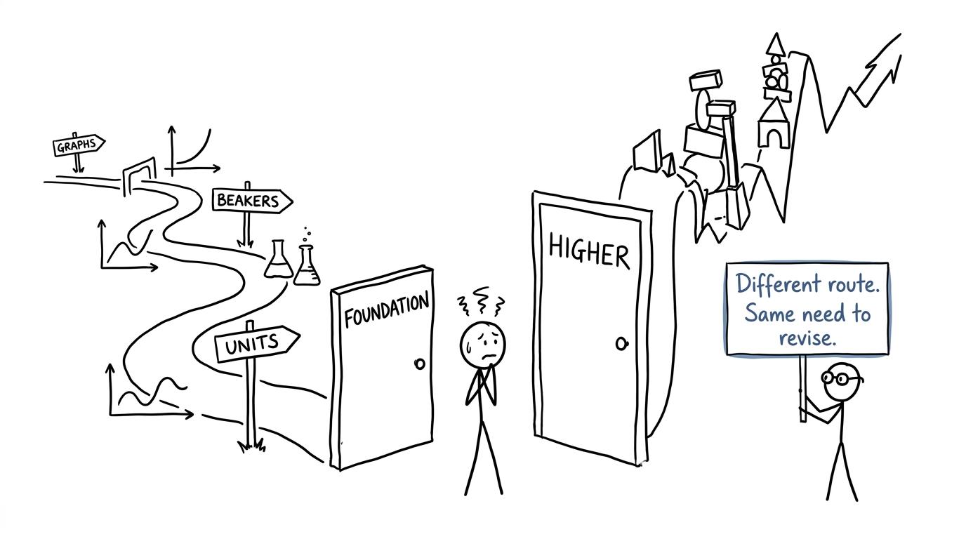 A student discovers that Foundation and Higher are different revision routes rather than easy and hard doors