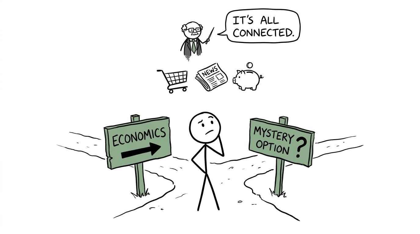 A student discovering that economics connects shopping, news and saving