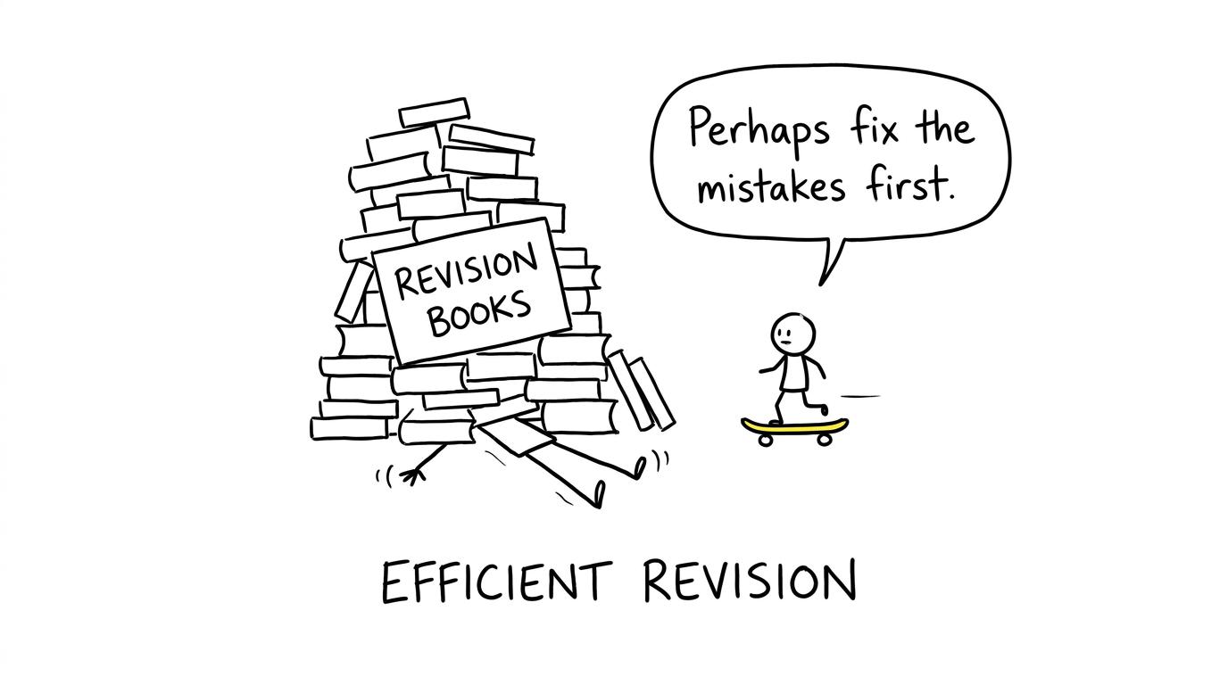 A mark scheme glides past an unnecessary mountain of books