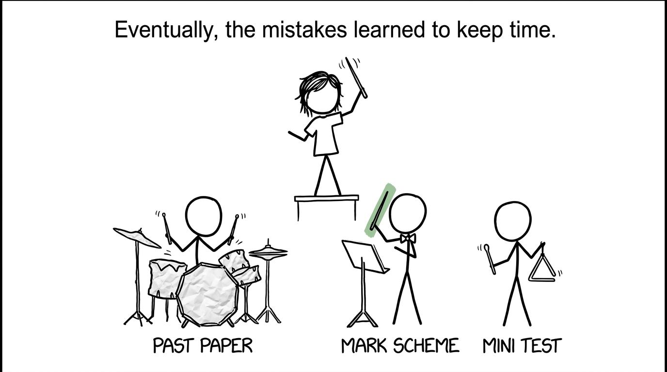 Past papers, mark schemes and mini tests forming a revision orchestra