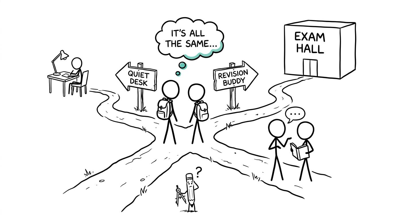 Two revision paths leading towards the same exam hall