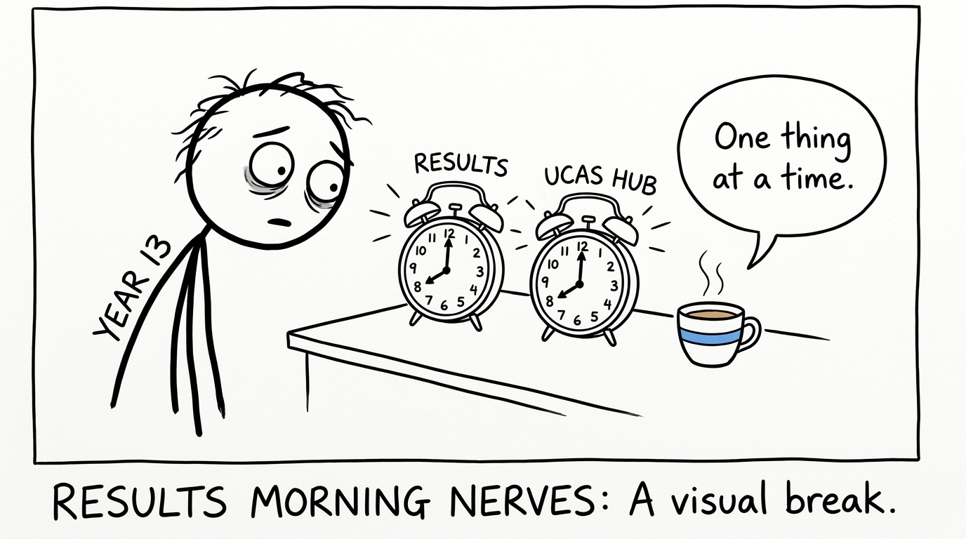 A calm cup of tea reminds a student to handle one results-day clock at a time
