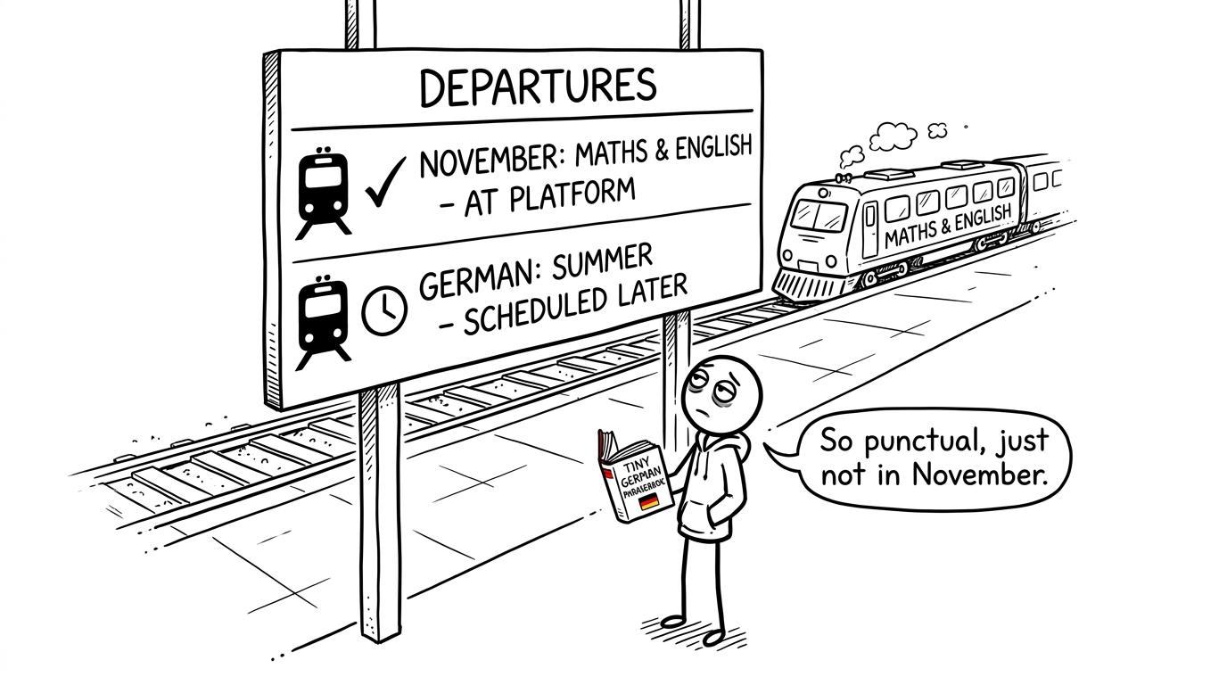 A student discovers that German and the November exam train have different timetables