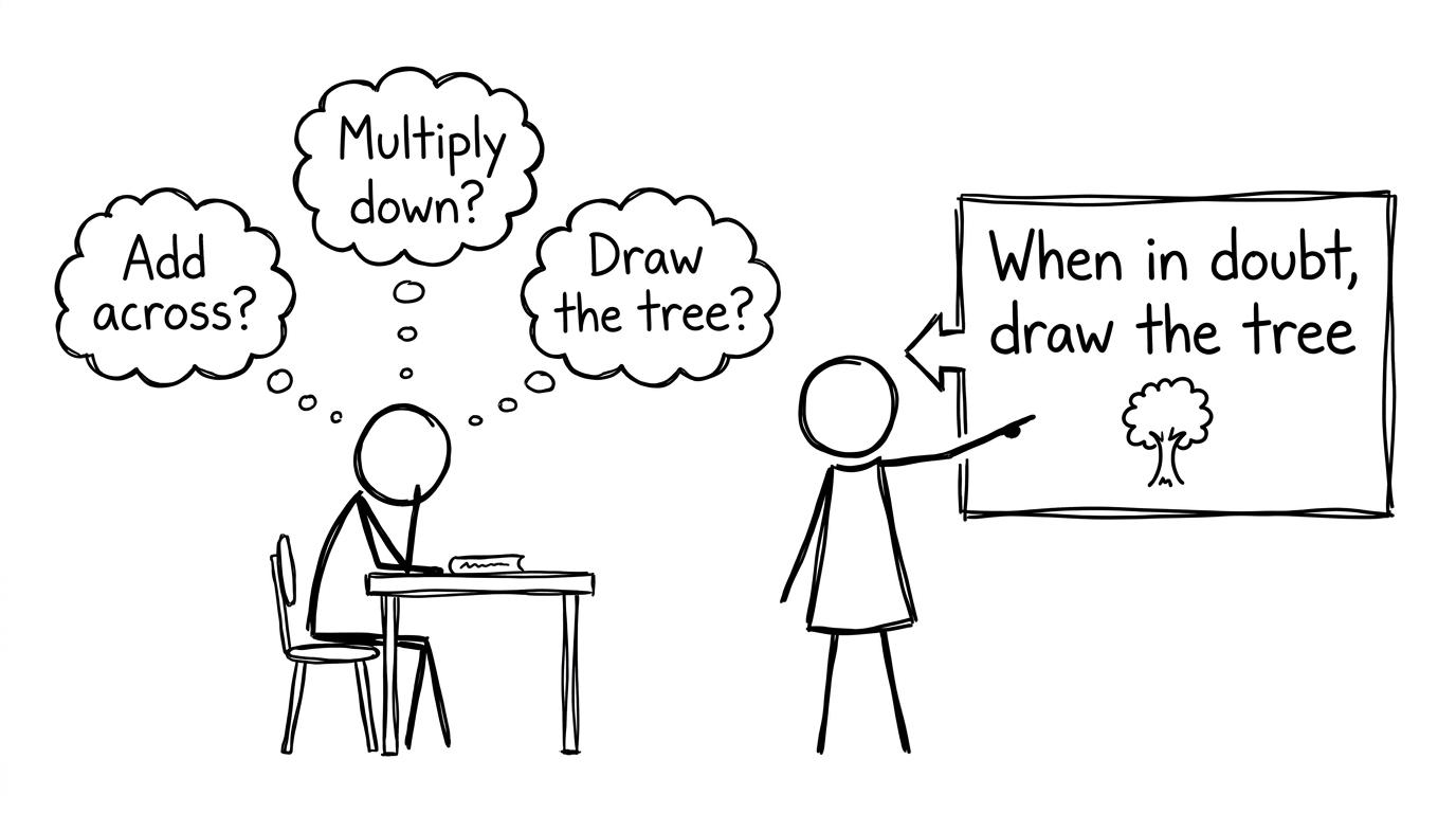 A student debating add across vs multiply down with a teacher sign