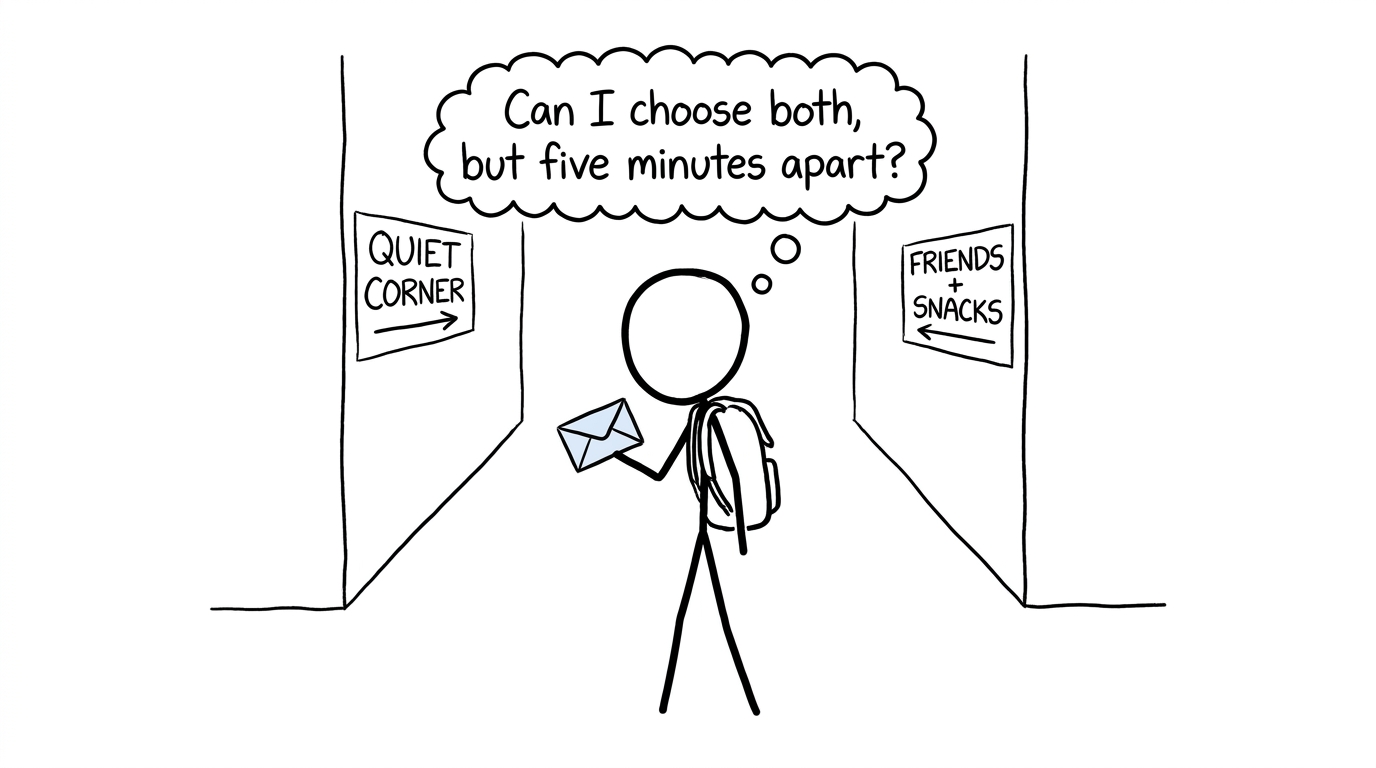 A student choosing between a quiet corner and opening results with friends