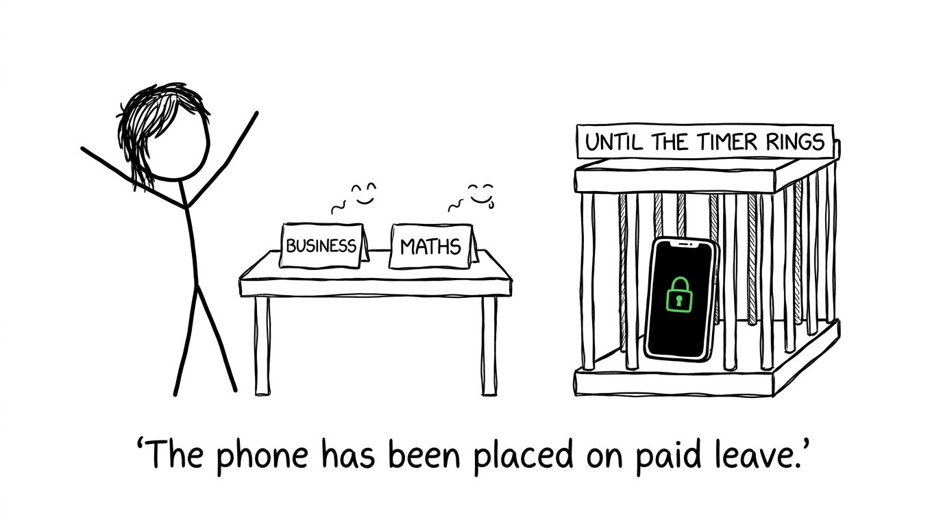 A student's phone takes paid leave while revision materials rest