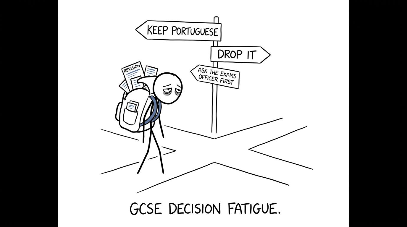 A GCSE student considering whether to keep or drop Portuguese at a school corridor crossroads