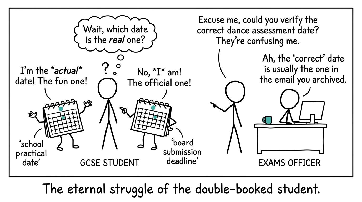 A student checks the difference between a school practical date and an exam-board deadline