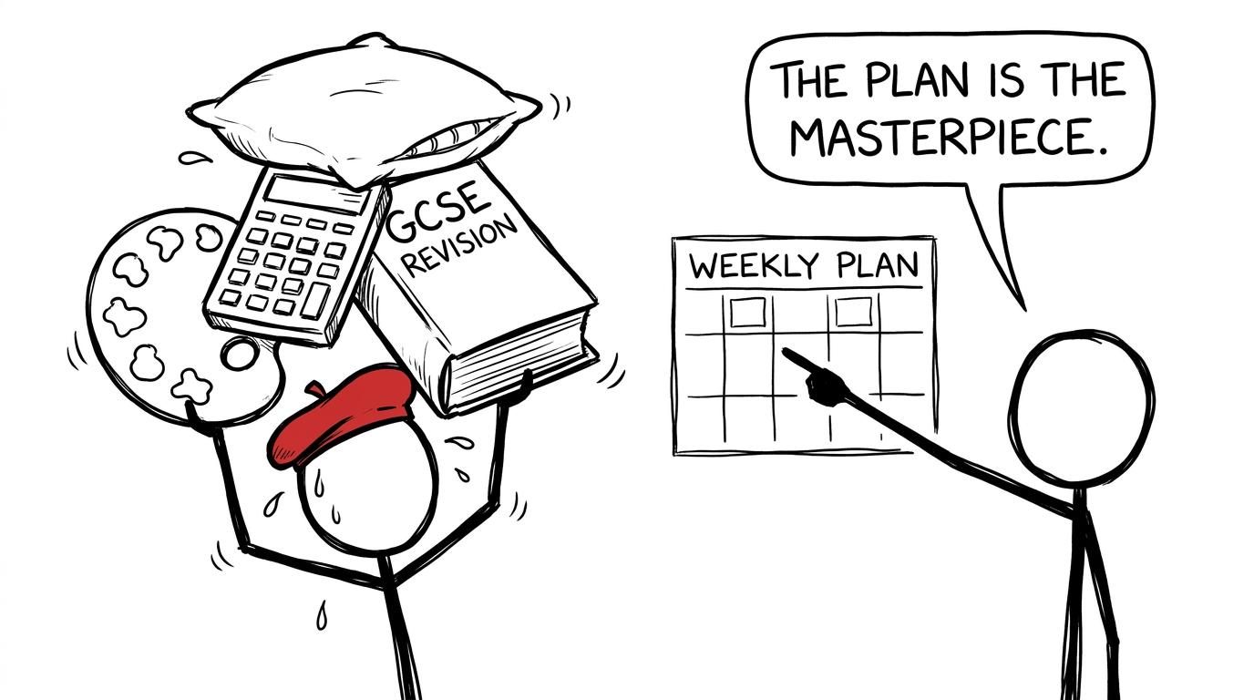 A stick-figure student balances art materials, a calculator and sleep while another points to a calm timetable