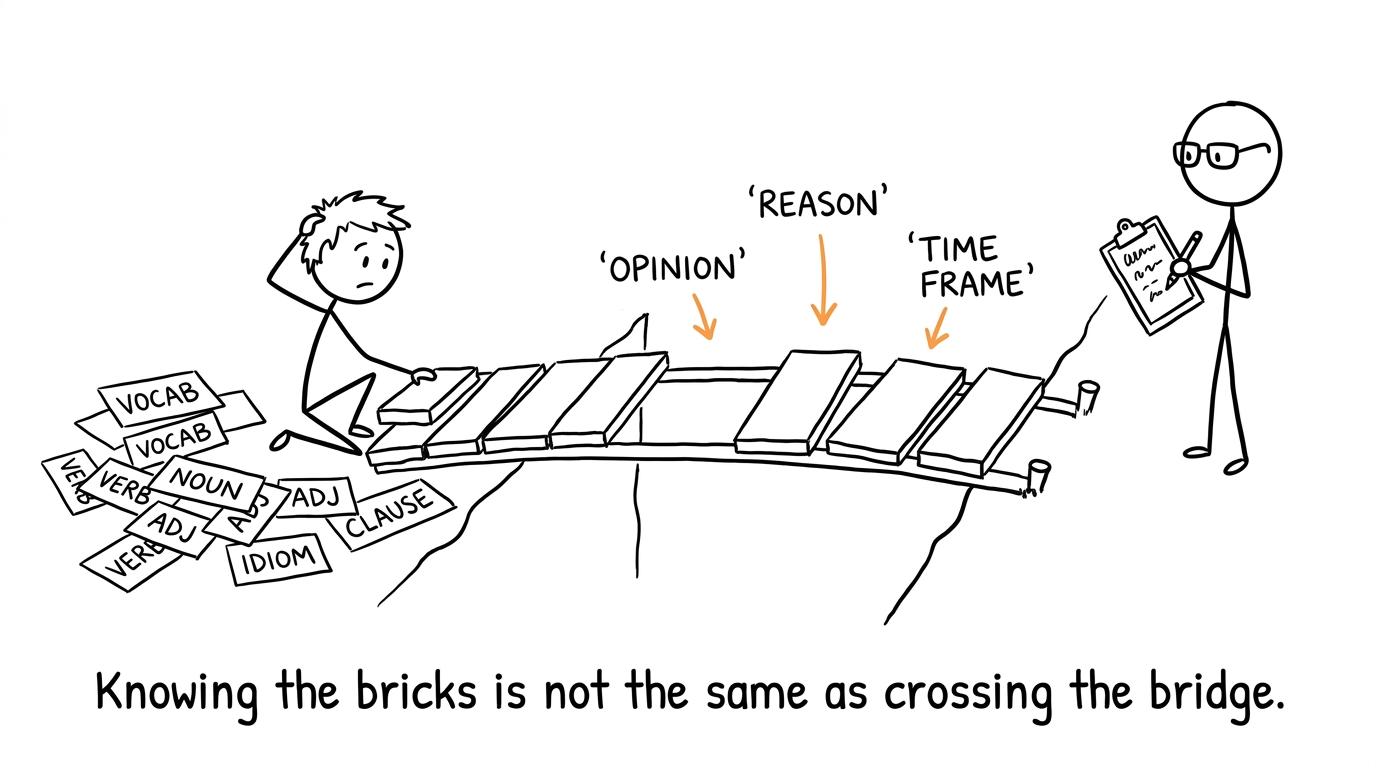 A bridge of vocabulary cards needs opinion, reason and time-frame planks
