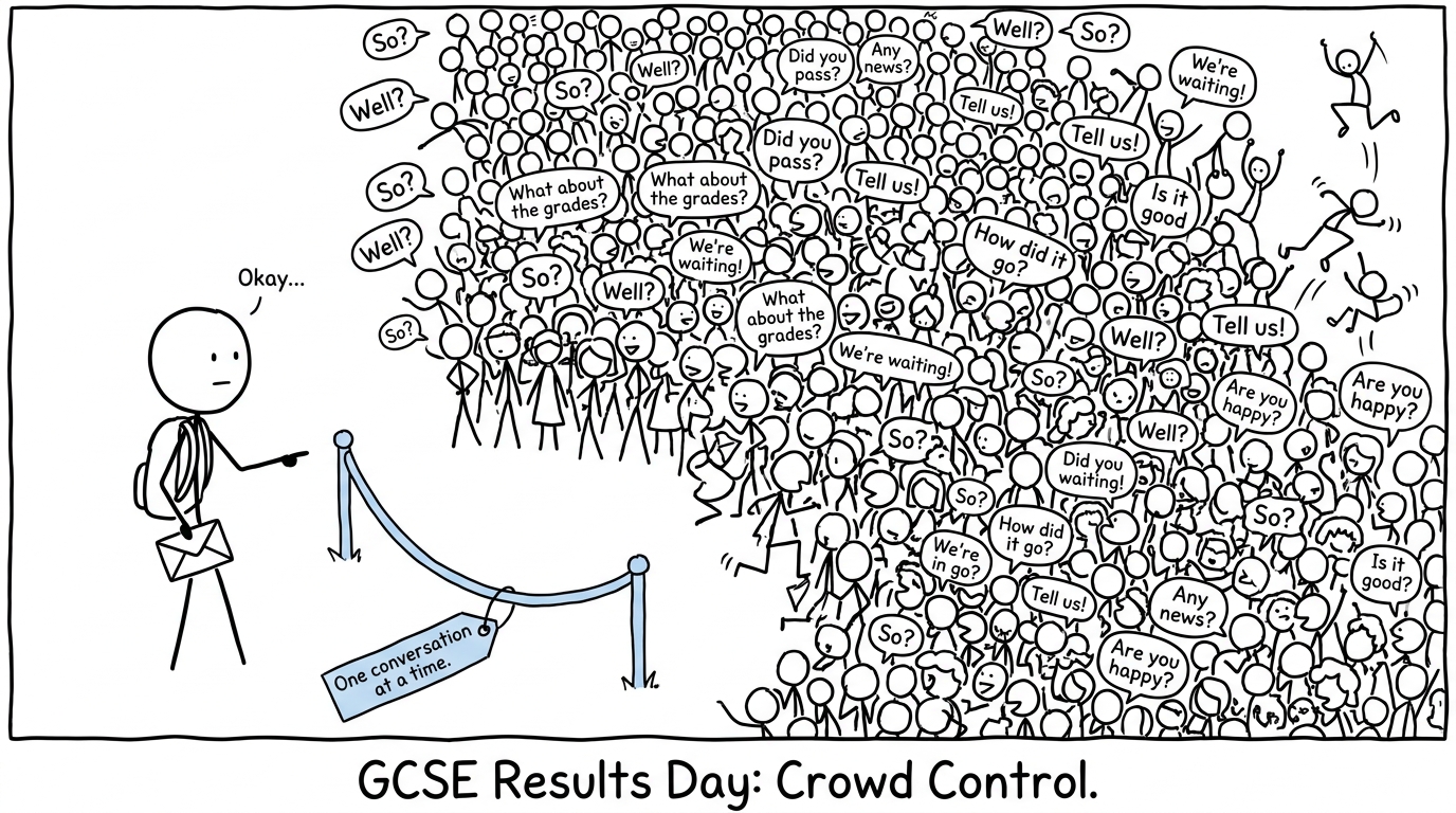 A student uses a boundary rope to manage a crowd of curious relatives on GCSE results day