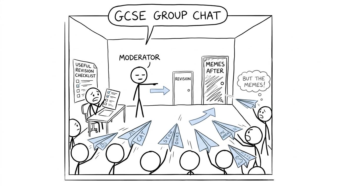 A chaotic class chat chooses between revision and memes