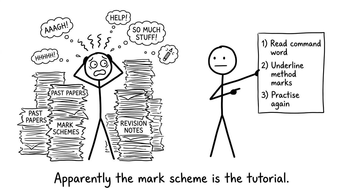 A stressed student discovers the mark scheme is a tutorial