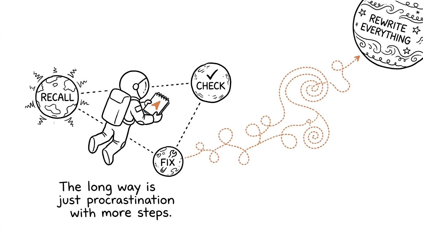 A student astronaut chooses the short route through recall, checking and fixing rather than orbiting rewrite-everything