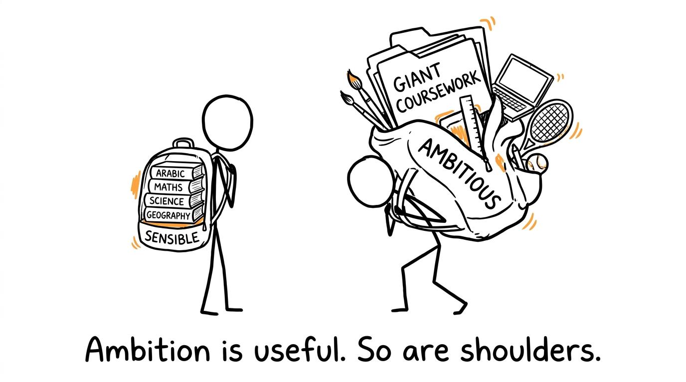 Two revision backpacks showing balanced and excessive workloads