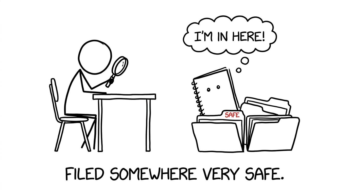 A student searches for the notebook filed somewhere very safe