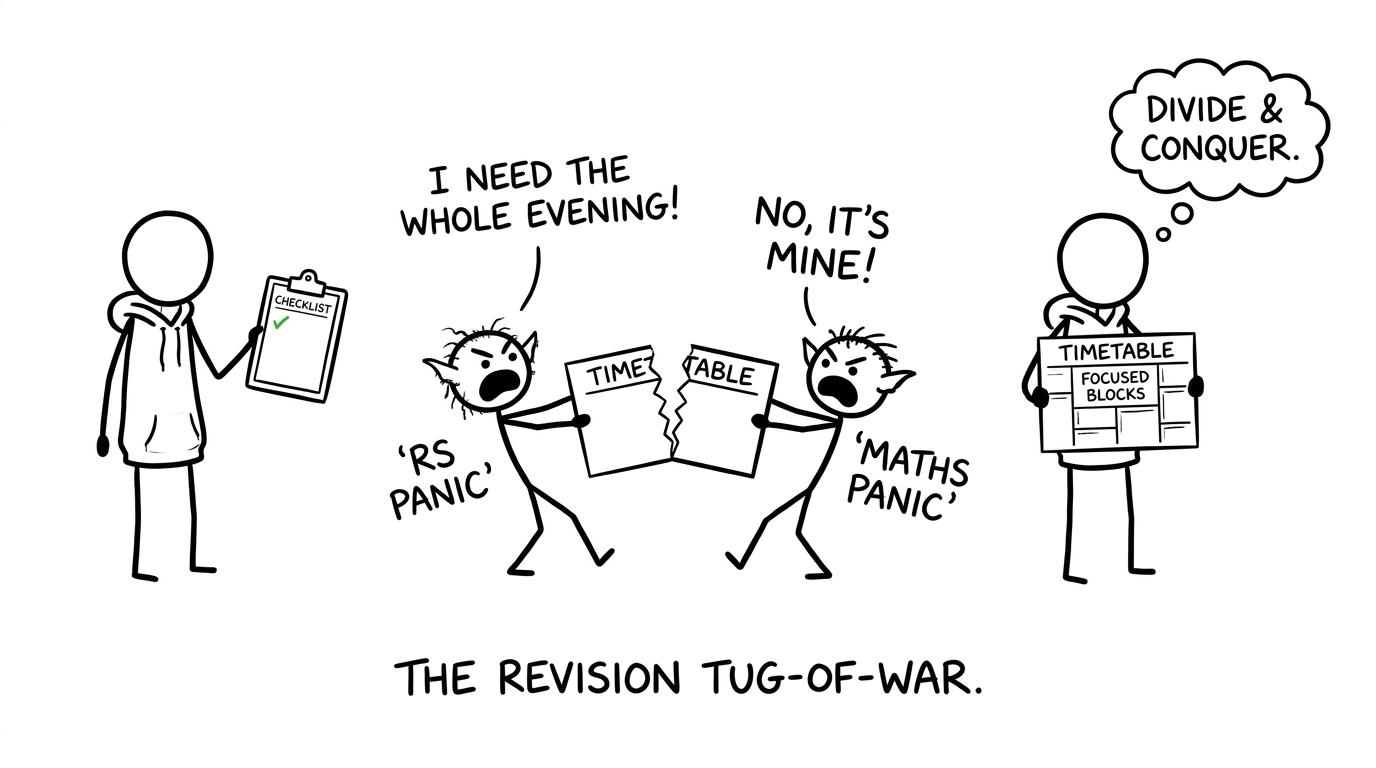 Two revision gremlins compete for a student's timetable while the student calmly creates focused subject blocks