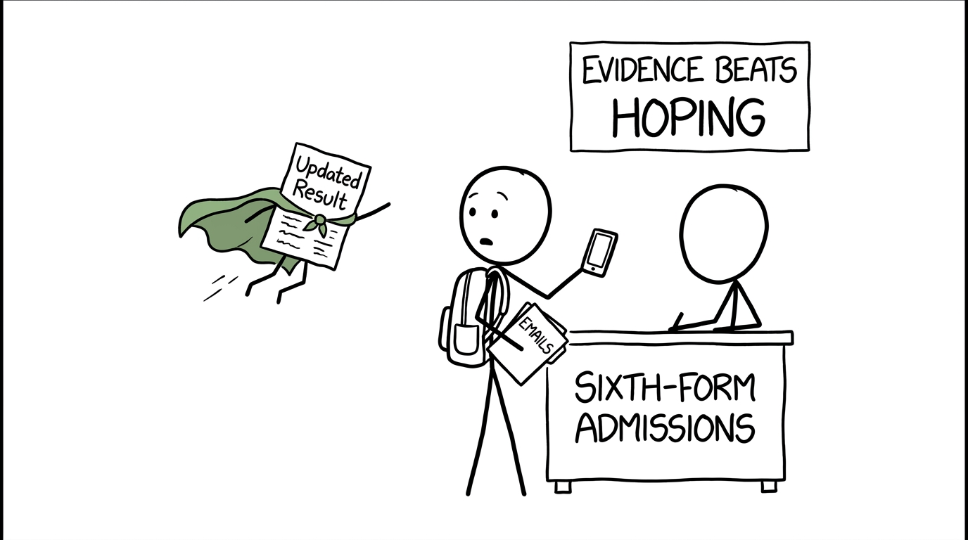 An updated result arrives at the admissions desk with supporting evidence