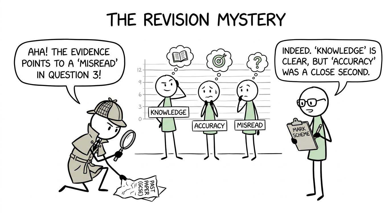A student detective investigates Knowledge, Accuracy and Misread with a mark-scheme sidekick