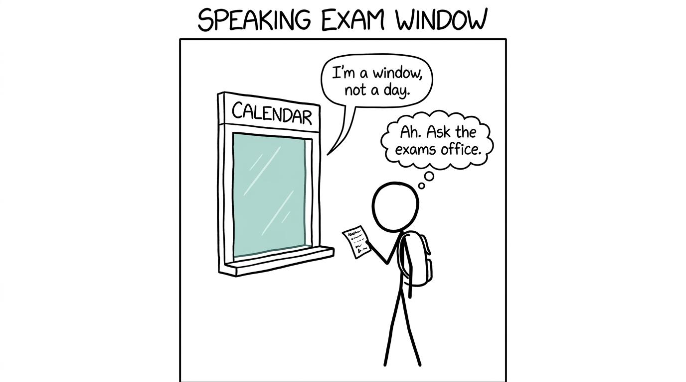 A student discovers that an Arabic speaking exam has a scheduling window rather than one national date