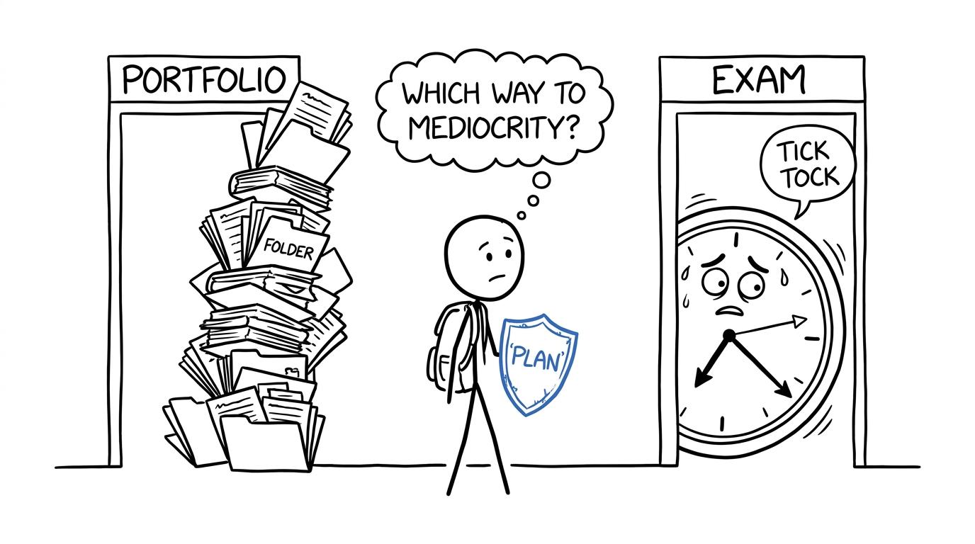A student choosing between a towering portfolio and a ticking exam clock