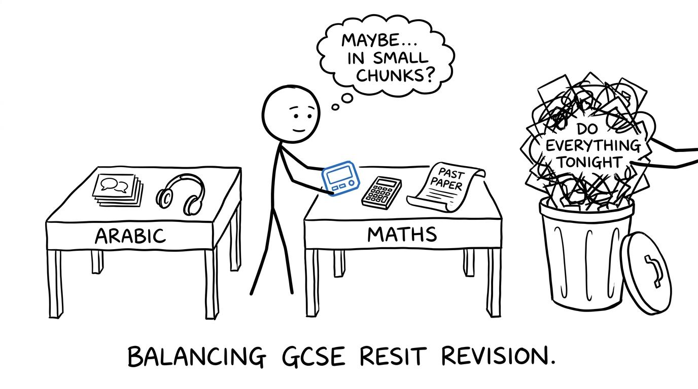 A calm student balancing Arabic and maths revision instead of doing everything at once