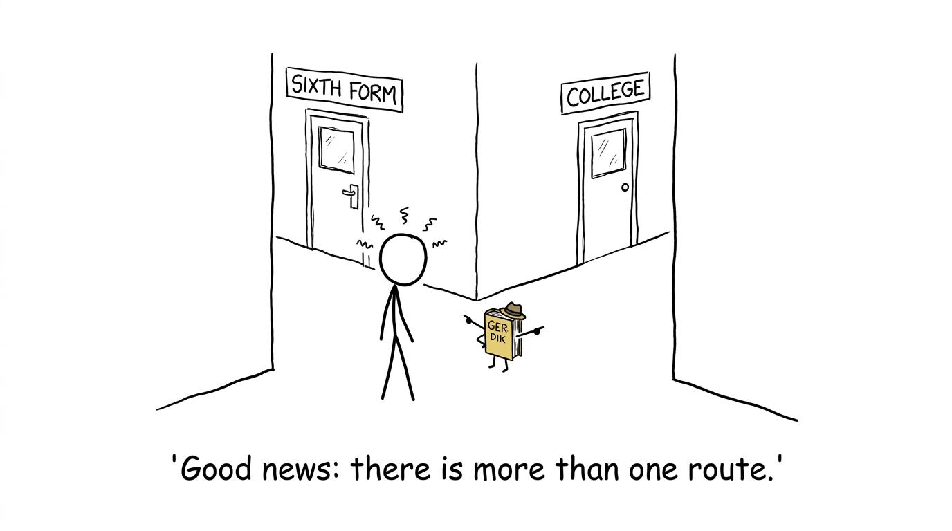 A student choosing between sixth form and college with help from a very confident German dictionary