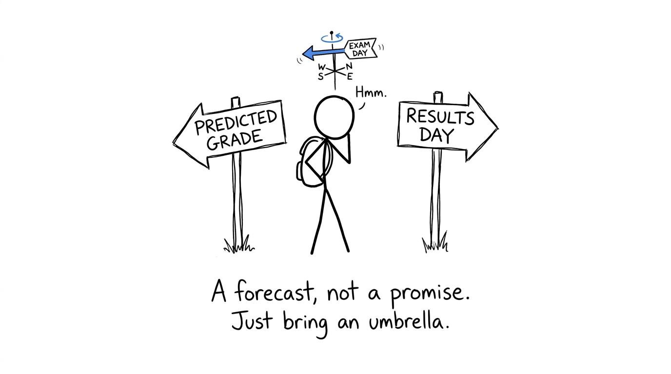A student choosing between a predicted-grade signpost and results day while exam-day weather changes