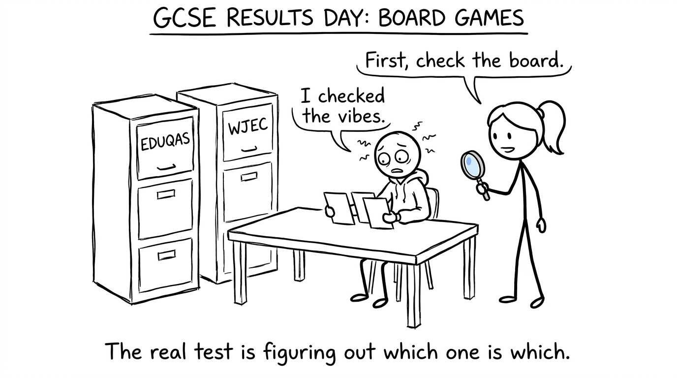 A student checking whether results belong to Eduqas or WJEC