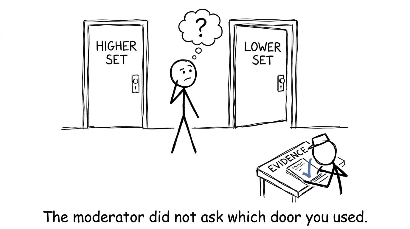 An examiner inspecting portfolio evidence rather than class-set doors