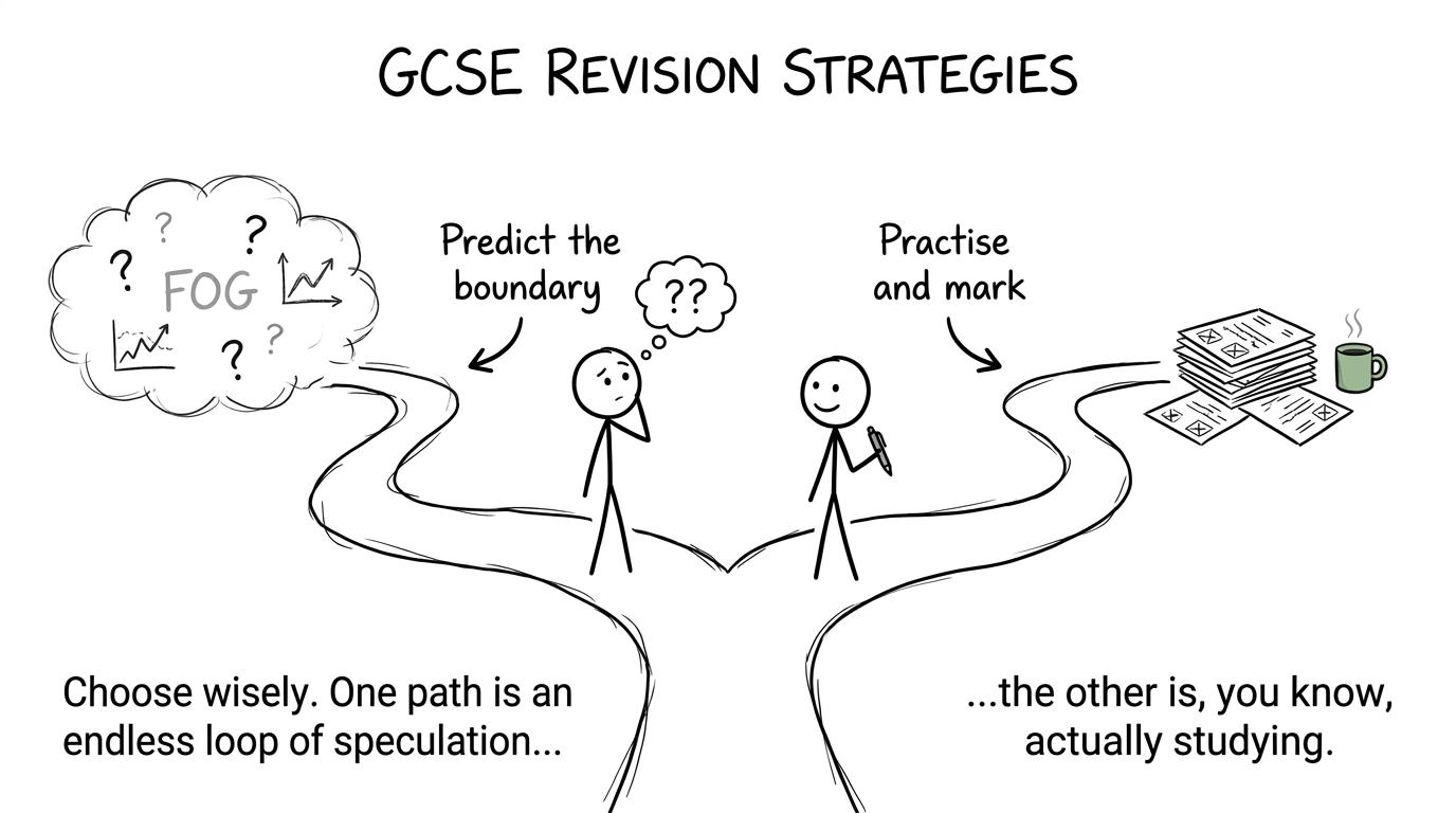 Two revision paths show that practising and marking is safer than predicting boundaries