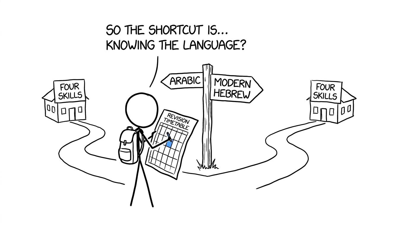 A student discovers that both language routes lead to four assessed skills
