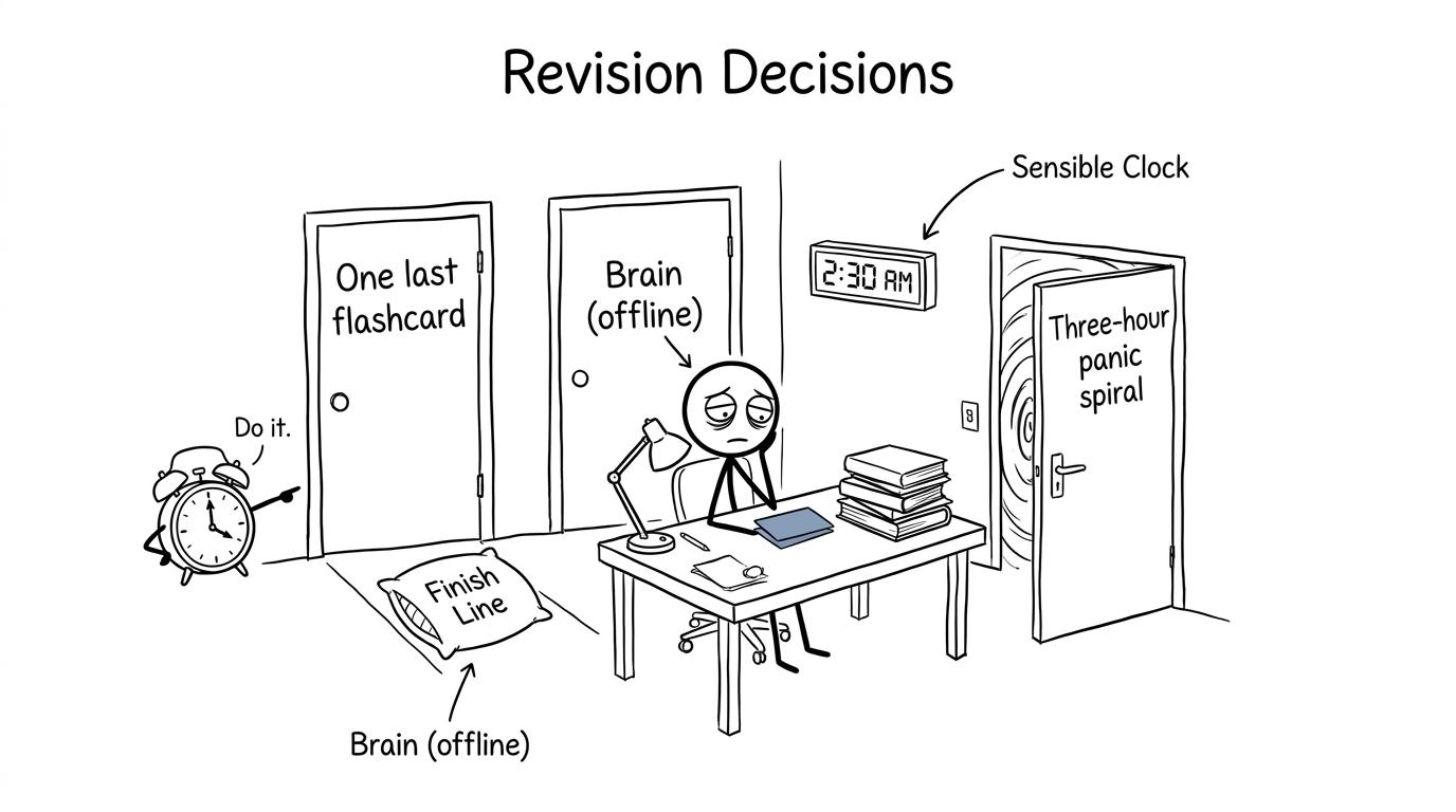 A student chooses between one flashcard and a panic spiral before bed