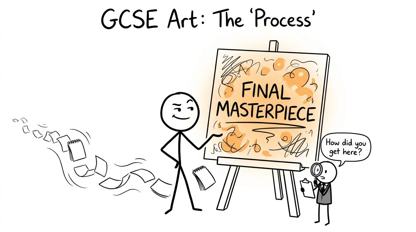 An examiner asks how a giant final masterpiece emerged while blank sketchbook pages blow away