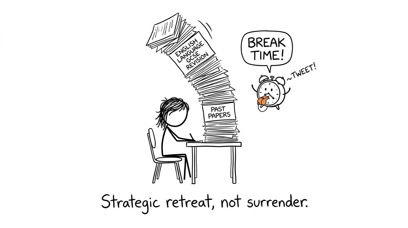 An alarm clock prevents a tower of revision papers from toppling