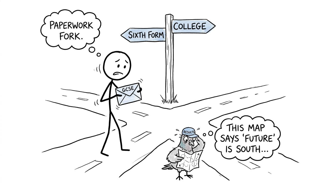 A student waits while a results pigeon studies a map to sixth form and college