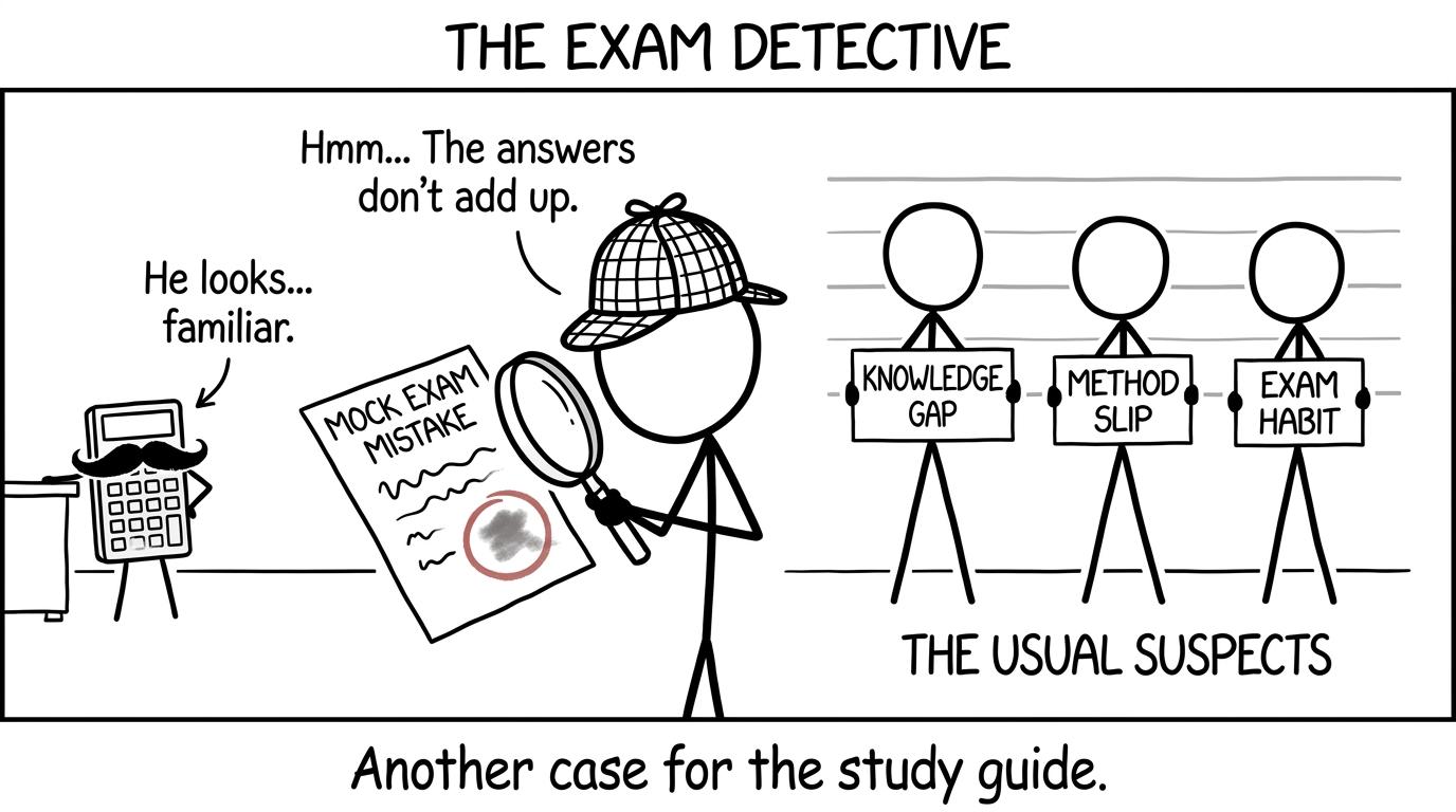 A student detective interviews three suspicious causes of mock errors