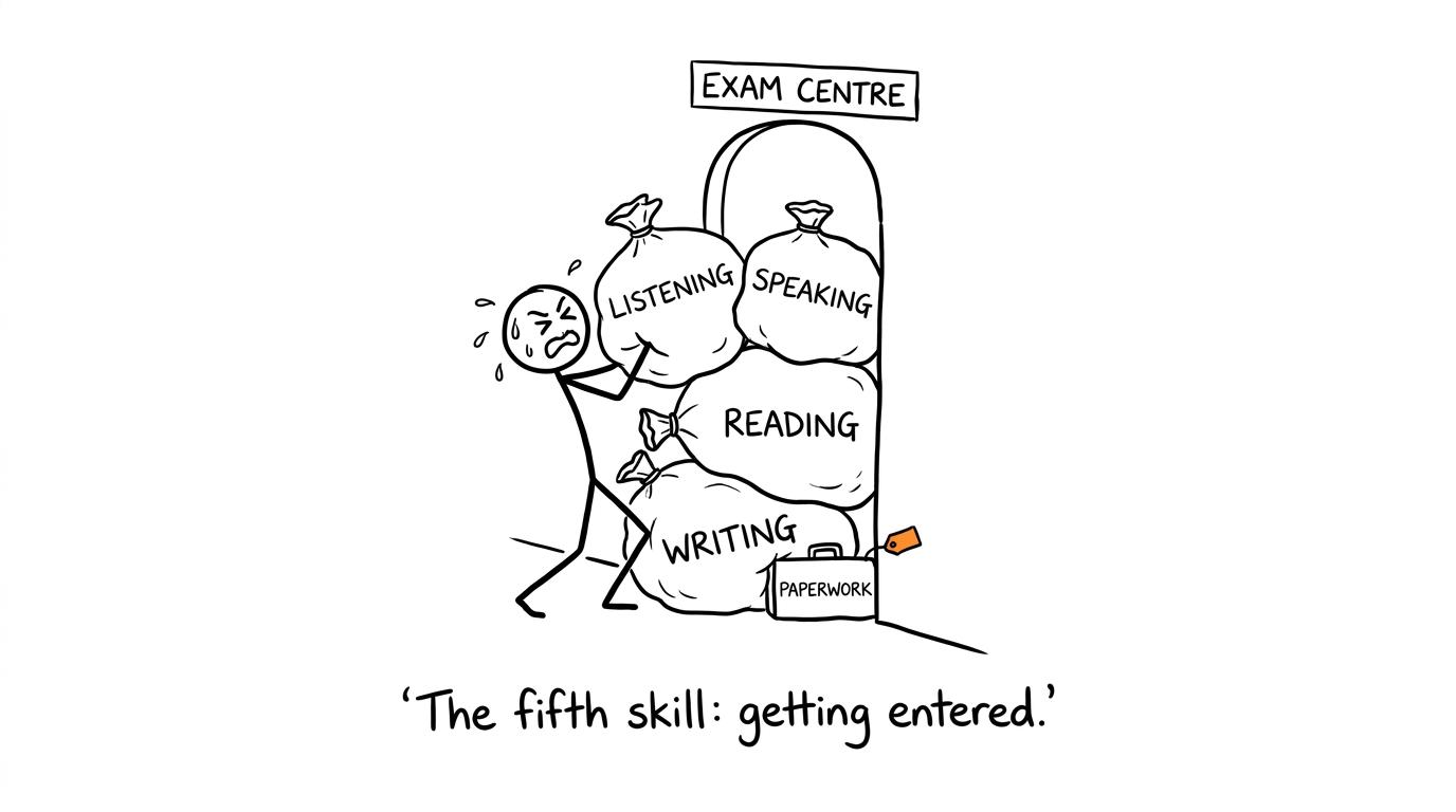 A student carrying the four GCSE Arabic skills through an exam-centre doorway