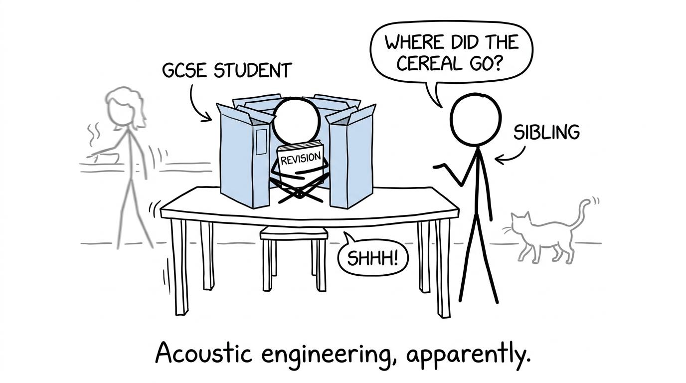 A student builds a cereal-box revision fortress at a busy kitchen table