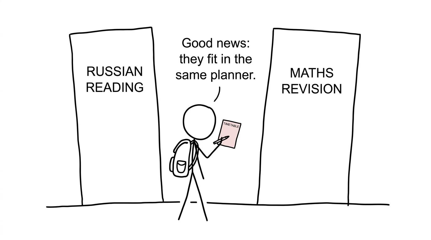 A student calmly fitting Russian and maths into one revision planner